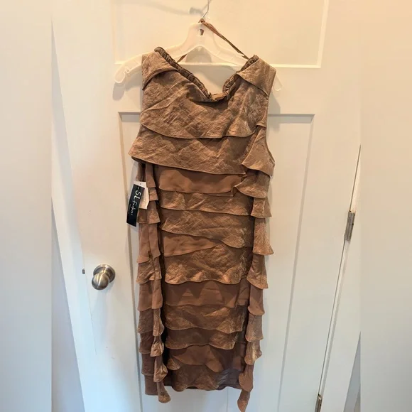 NWT SL Fashions 16W Bronze Tiered Dress Embellished Neck Cocktail Wedding Guest - Picture 6 of 13